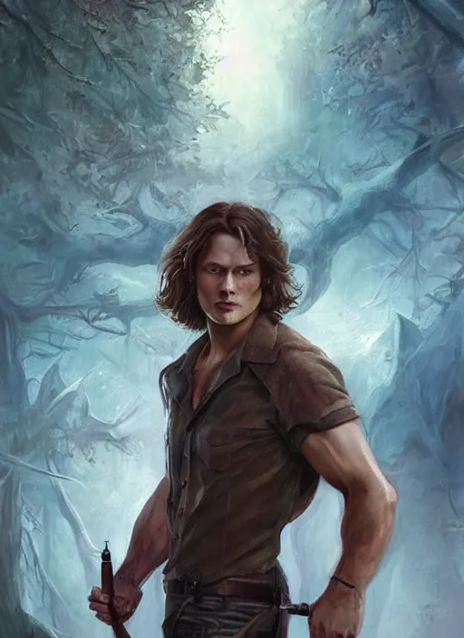 Image similar to sam winchester in a bodice - ripper romantic book cover illustration art by peter andrew jones, artgerm, wlop. fantasy style, sharp focus!, ultra detailed,