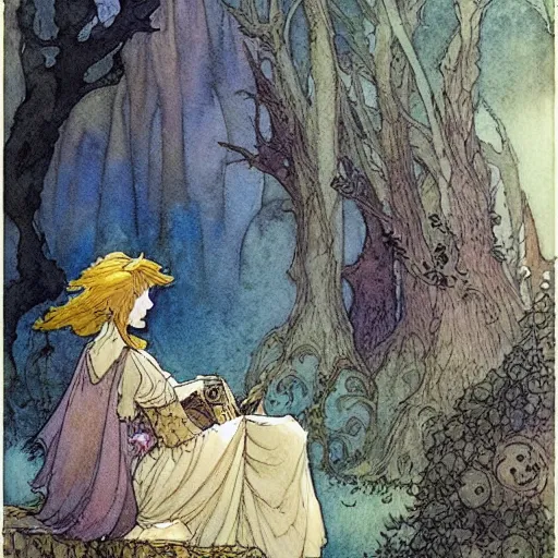 Image similar to a simple and atmospheric watercolour fantasy character concept art painting of a fairytale, very muted colors, by rebecca guay, michael kaluta, charles vess and jean moebius giraud