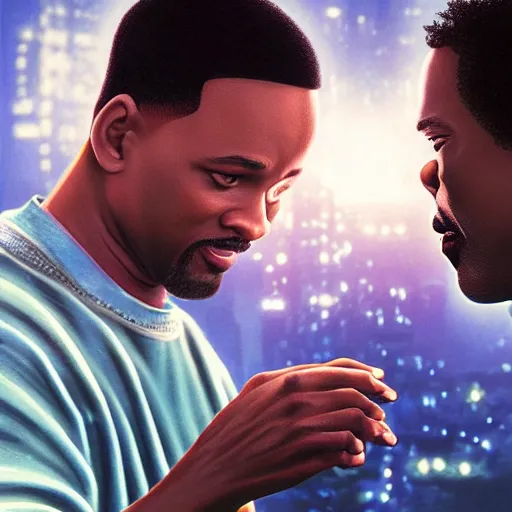 Prompt: “A beautiful ultradetailed painting of will smith slapping Chris rock, light effect, very detailed, by beeple, Makoto Shinkai, 4k, Trending on artstation, ultrawide lens”