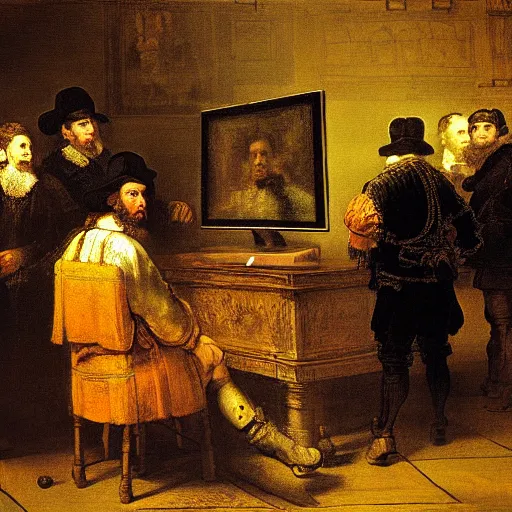 Prompt: a painting of sorrow people trading stocks in front of computer screens, in the style of syndics of the drapers'guild ( 1 6 6 2 ) by rembrandt. stock charts on the screen