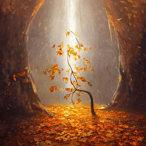 Prompt: tree with golden glowing leaves that grows upside down from the ceiling of an underground cave, oil painting, by greg rutkowski