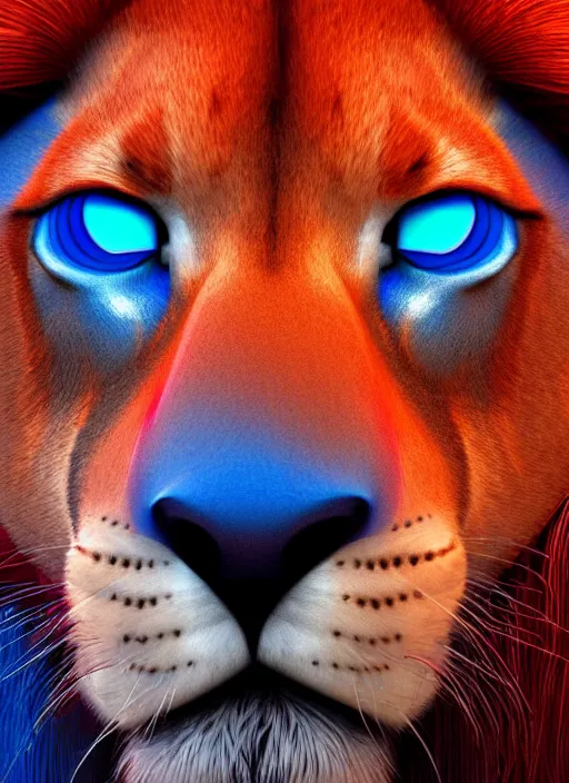 Image similar to a close up of a red lion's face with blue eyes, an album cover by jacob toorenvliet, featured on behance, cubo - futurism, rendered in cinema 4 d, sketchfab, rendered in maya, red shift, synthwave, by enguerrand quarton, by alesso baldovinetti, 3 d render, holography,