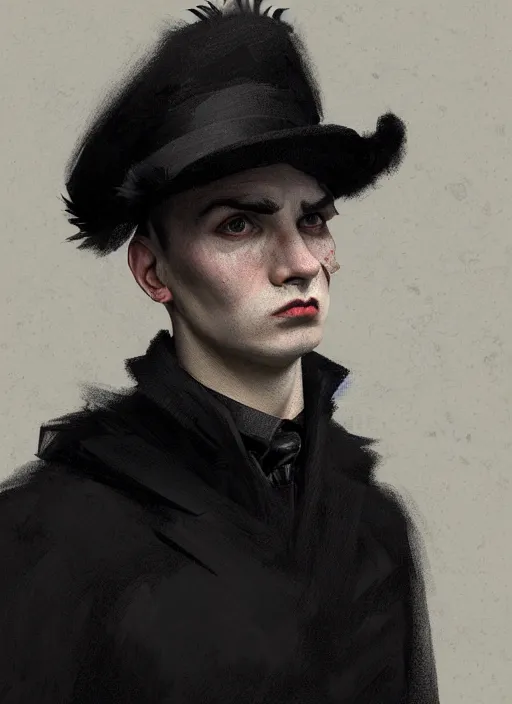 Prompt: portrait of a round faced man with a crooked nose and a confident expression, 1 9 6 0 s, black clothes, goth, punk, funk, intricate, elegant, highly detailed, digital painting, artstation, concept art, smooth, sharp focus, illustration, art by wlop, mars ravelo and greg rutkowski