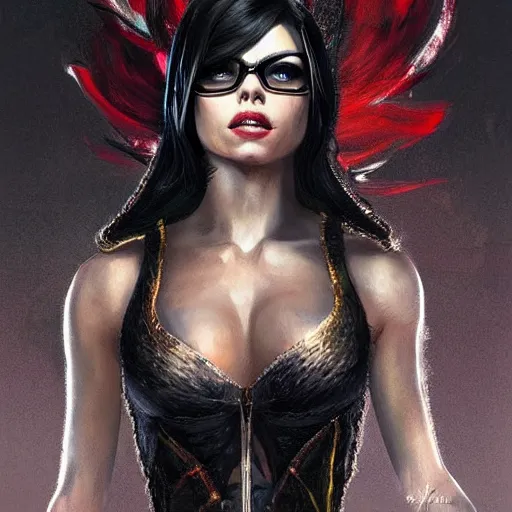 Prompt: a portrait of jenna dewan as bayonetta, upper half portrait, urban motifs, intricate, elegant, highly detailed, digital painting, trending on artstation, concept art, smooth sharp focus, illustration, art by artgerm and greg rutkowski