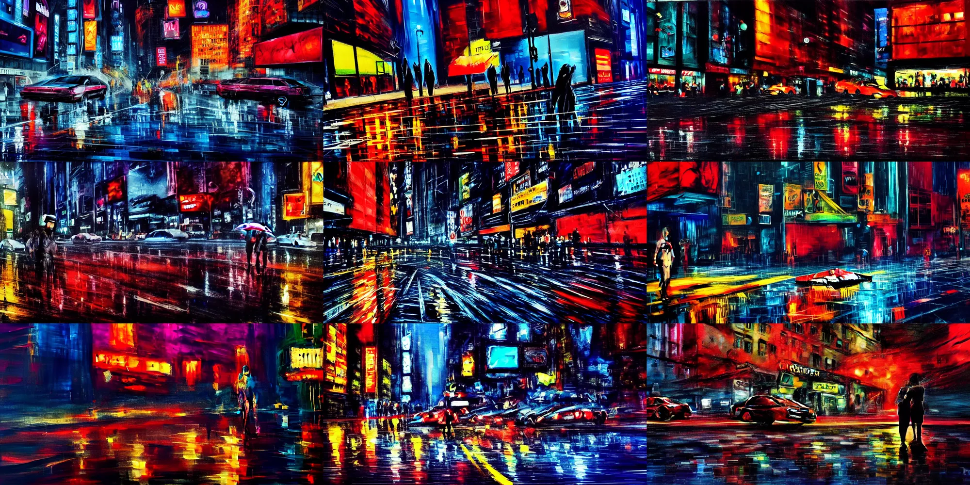 Prompt: small fish lying on the big streets of new york. trying to catch breath. after midnight, rain. epic futuristic scene, neon lights. tired, beaten city. neo noir style, rain, oil, blood everywhere, dramatic high contrast lighting. high action! acrylic painting, layered impasto, heavy gesture style. sad scene.