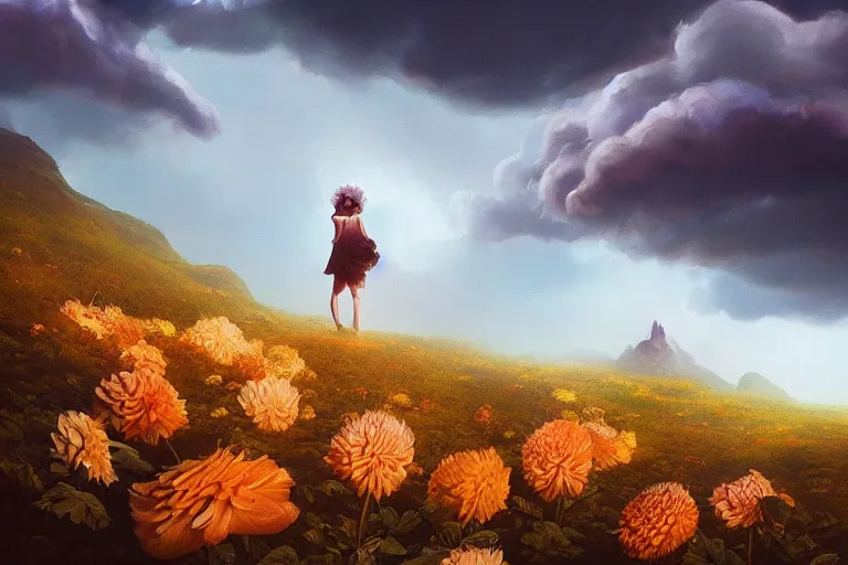 Image similar to giant dahlia flower crown under head, girl walking on mountain, surreal photography, blue storm clouds, dramatic light, impressionist painting, digital painting, artstation, simon stalenhag