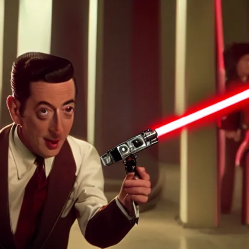 Prompt: Pee-Wee Herman wielding a red lightsaber 4K hdr