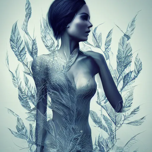 Image similar to a highly detailed digital image of a futuristic elegant woman wrapped with leaves, artstation, extremely detailed woman, stunning volumetric lighting, 4k,