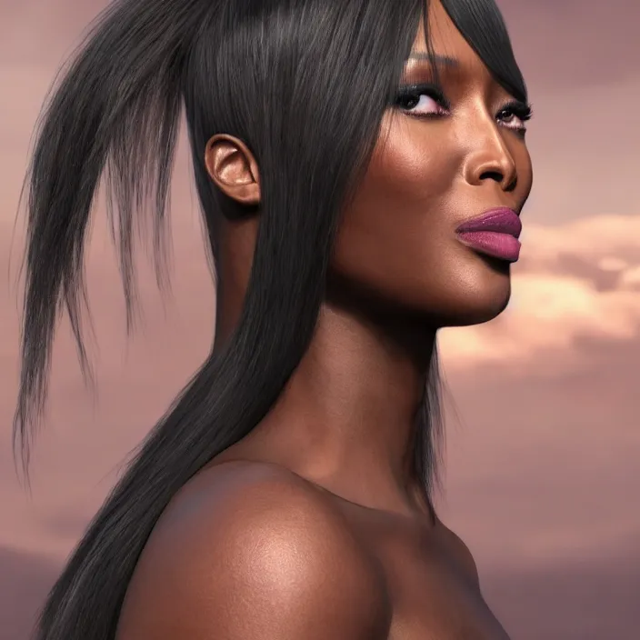 Prompt: Naomi Campbell by Laura Wheeler Waring. details, smooth, sharp focus, illustration, realistic, cinematic, artstation, award winning, rgb , unreal engine, octane render, cinematic light, macro, depth of field, blur, red light and clouds from the back, highly detailed epic cinematic concept art CG render made in Maya, Blender and Photoshop, octane render, excellent composition, dynamic dramatic cinematic lighting, aesthetic, very inspirational, arthouse.