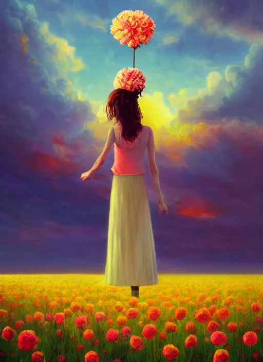 Image similar to woman with a giant carnation head, flower field, surreal photography, sunset dramatic light, impressionist painting, colorful clouds, blue sky, digital painting, artstation, simon stalenhag