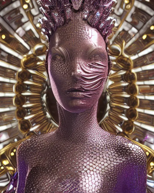 Prompt: a highly detailed metahuman 4 k close up render of an alien goddess bella hadid monument naga siren in iris van herpen dress schiaparelli in diamonds crystals swarovski and jewelry iridescent in style of alphonse mucha gustav klimt trending on artstation made in unreal engine 4