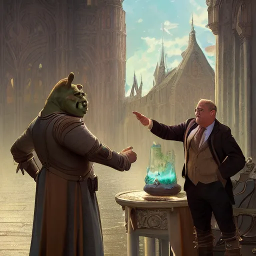 Image similar to Senator Armstrong Shakes hands with Shrek, intricate, stunning, highly detailed, digital painting, artstation, concept art, smooth, sharp, focus, illustration, art by artgerm and greg rutkowski and alphonse mucha