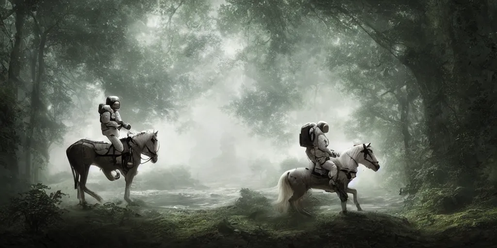 Image similar to an astronaut riding on the back of a white horse through a forest, crossing a river, a detailed matte painting by frieke janssens, featured on cgsociety, fantasy art, matte painting, reimagined by industrial light and magic, matte drawing