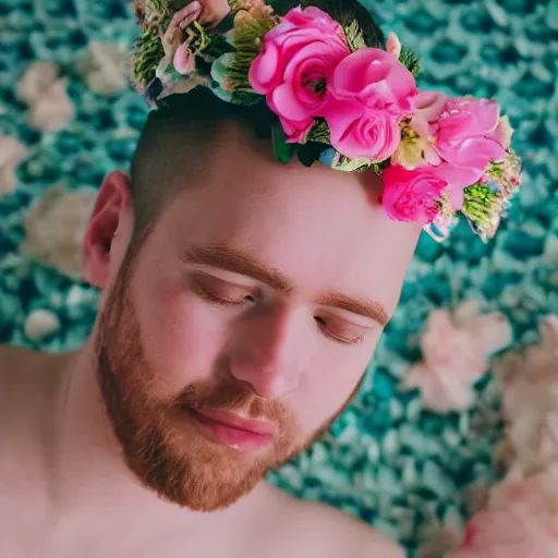 Image similar to guy, flower crown, milk bath photography, aerial view, close up, faded!, 9 0 s vibe, vaporwave colors,