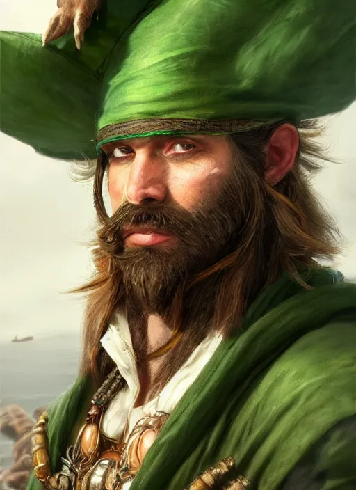 Prompt: ratlike human with beard, serious, mean eyes, wearing jewelry, tricorne hat, green robe, d & d, digital art, detailed face, highly detailed, trending on artstation, 4 k, sea in the background, art by greg rutkowski