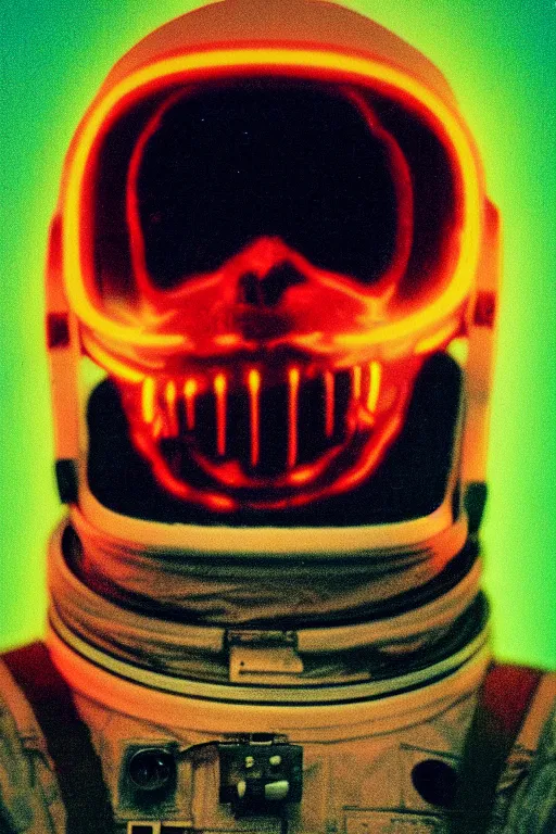 Image similar to astronaut raptor with neon glowing skull, 1 9 6 0 s, color bleed, ektachrome photograph, volumetric lighting, f 8 aperture, cinematic eastman 5 3 8 4 film stanley kubrick
