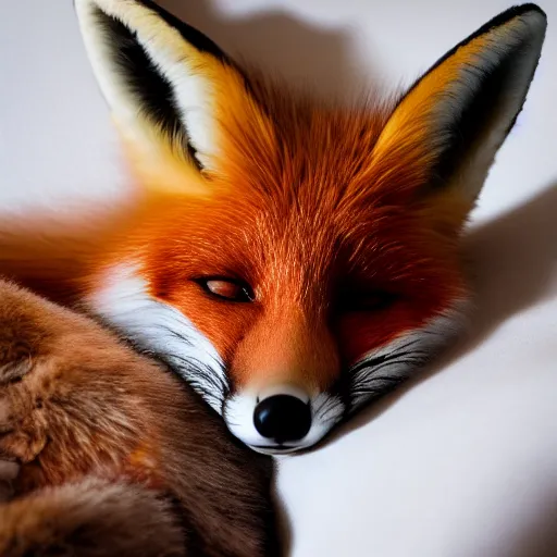 Image similar to a cute photograph of a fox lying in bed sleeping, eyes closed, soft focus, studio lighting, 50mm