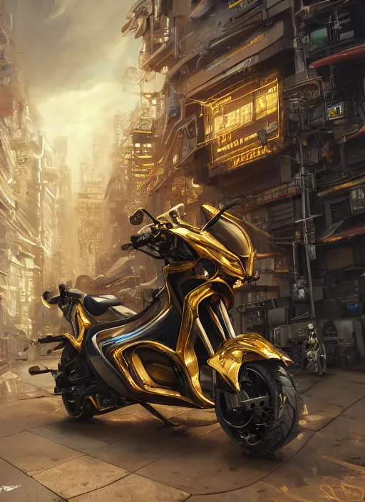 Prompt: golden scooter, cyberpunk, au naturel, hyper detailed, digital art, trending in artstation, cinematic lighting, studio quality, smooth render, unreal engine 5 rendered, octane rendered, art style by klimt and nixeu and ian sprigger and wlop and krenz cushart