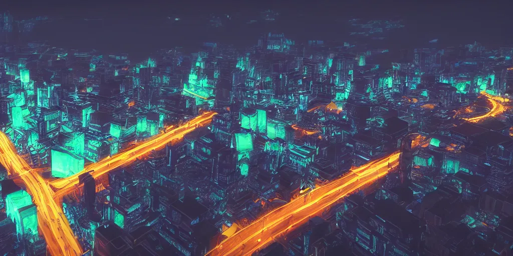 Image similar to Landscape, glowing, neon city, bioluminescent lighting, 4k realism, 8k realism, cinematic, photographic realism