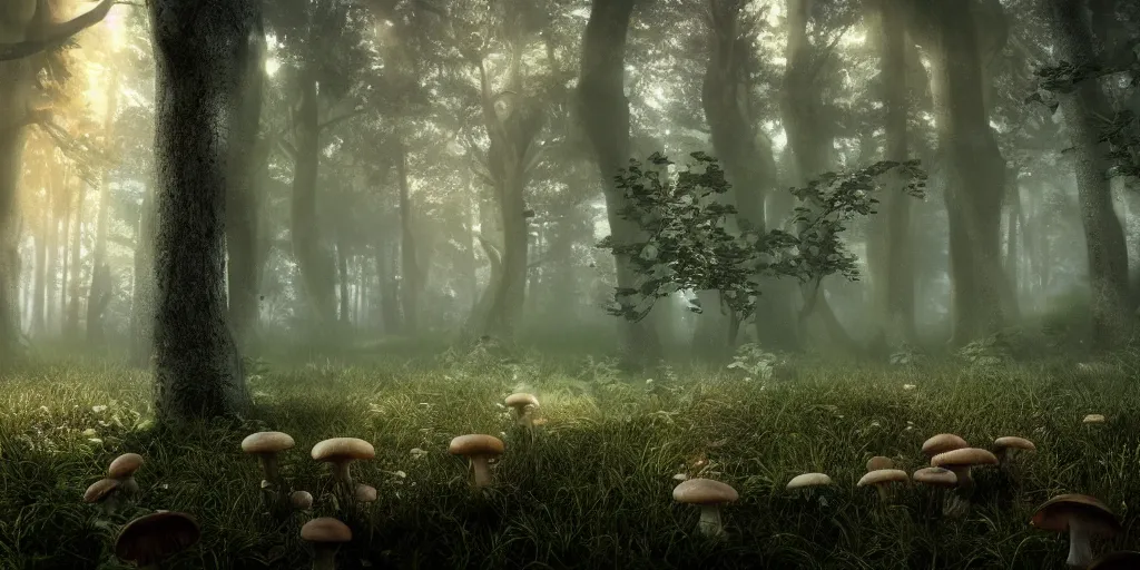 Image similar to forrest full of mushrooms, superwide angle, light through the mist, dramatic lighting, photorealistic, cinematic lighting, high detail, cinematic feel, high octane, 4 k, unreal engine, digital render, intricate, ultra realistic, concept art