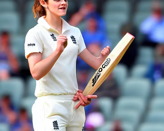 Prompt: emma watson opens the batting for england at lord's cricket ground, sports photography, bokeh, dramatic, filmic
