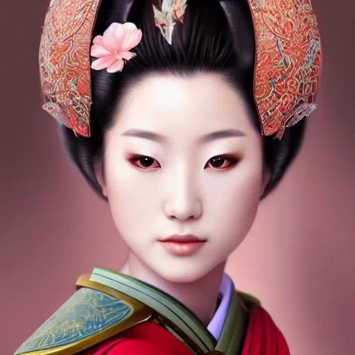 Prompt: a beautiful female photo, japanese geisha. professionally retouched, soft lighting, wearing armour, realistic, smooth face, perfect eyes, wide angle, sharp focus on eyes, 8 k high definition, insanely detailed, intricate, elegant, art by artgerm and wlop