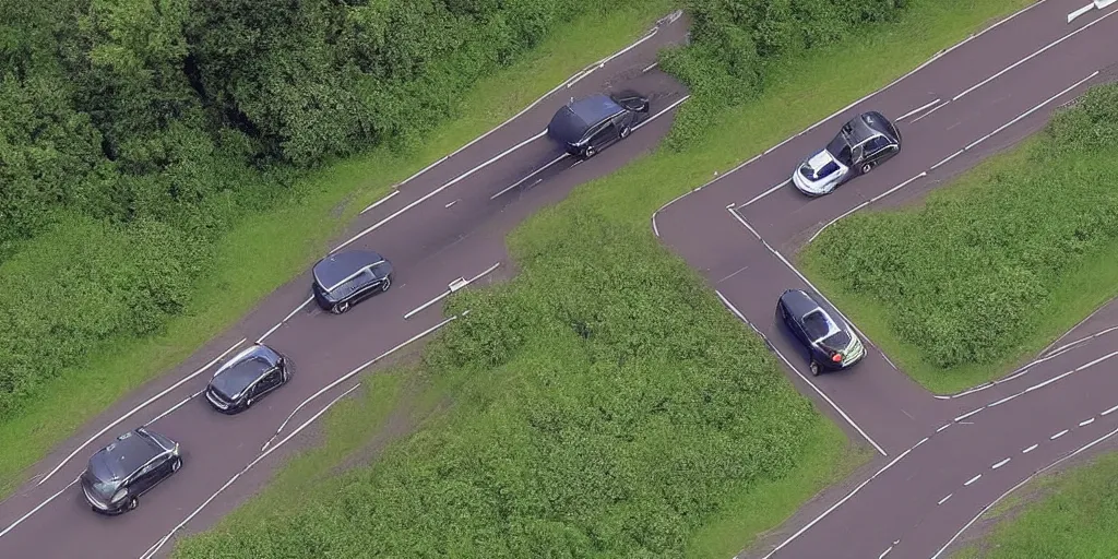 Prompt: police helicopter thermal cam of uk police cars chasing a 2 0 0 7 volvo s 9 0. car is going 8 6 mph on a highway.