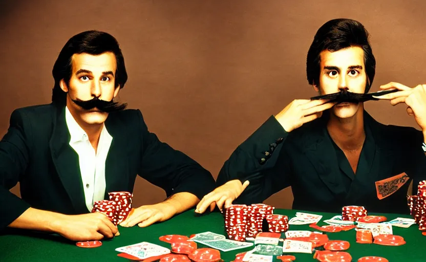 Prompt: color photo of a photomodel handsome man in mustache playing poker. las vegas. 8 0's style