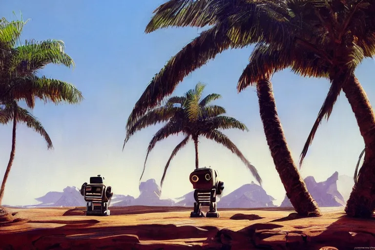 Prompt: natural american landscape | robot greeting another robot | palm trees | snowy mountains, painting by syd mead and weta studio and james jean, frank frazetta, highly detailed, rule of third, soft lighting, 8 k resolution, oil on canvas, architectural magazine, beautiful detailed, insanely intricate details, artstation trending, hypermaximalistic, high details, cinematic