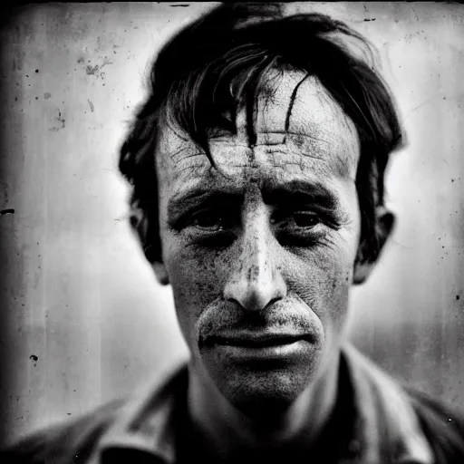 Prompt: A collodion-styled portrait of a man who's witnessed the worst side of humanity, photography: journalism, depth of field, bokeh, colourful, vibrant, cinematic lighting, high contrast.