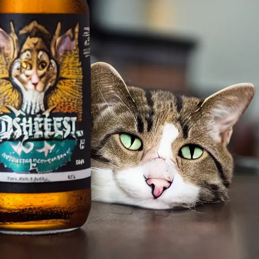 Prompt: photo of cat's demise beer by dogfish head, 1 2 oz bottle with sweat, ( eos 5 ds r, iso 1 0 0, f / 8, 1 / 1 2 5, 8 4 mm, postprocessed, 4 k )