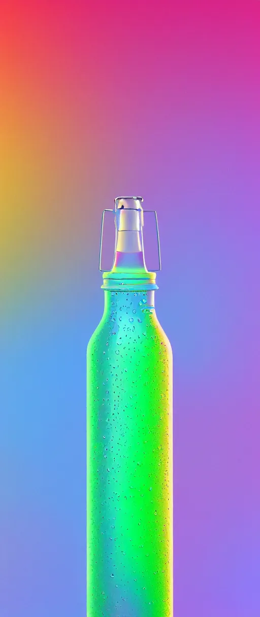 Prompt: a pearlescent soda bottle with condensation on the outside, vivid, rainbow, pearlescent, hyper realistic, octane render