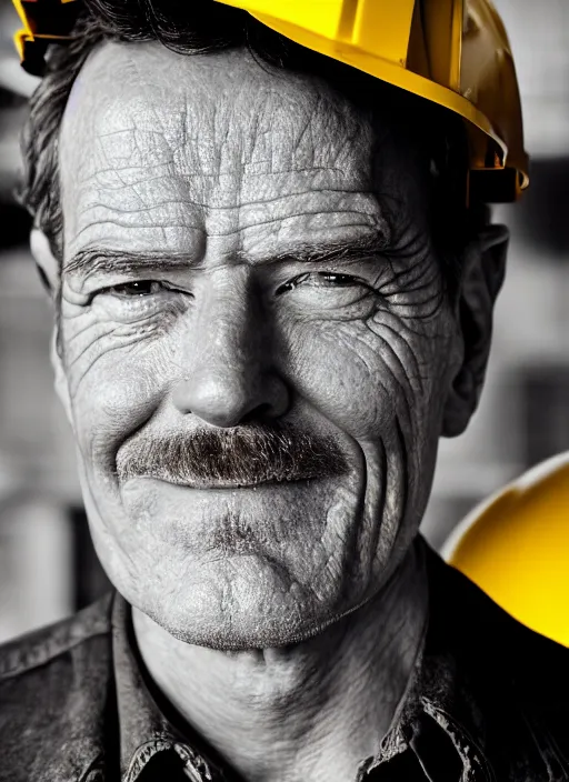 Image similar to closeup portrait of mecha bryan cranston with construction crane arms, yellow hardhat, natural light, bloom, detailed face, magazine, press, photo, steve mccurry, david lazar, canon, nikon, focus