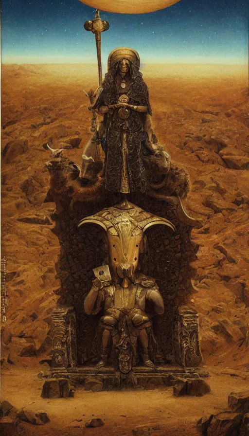 Prompt: the emperor with the head of a ram wearing full body armor, at the top of a barren mountain, golden taurus, mars energy, ankh, wisdom, full body shot, sitting on a stone throne, agostino arrivabene