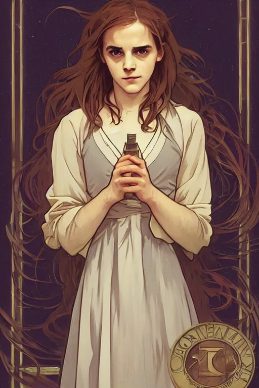 Image similar to Poster artwork, Emma Watson as Hermione Granger, medium shot, details, sharp focus, illustration, by Jordan Grimmer and Alphonse Mucha and greg rutkowski and PiNe(パイネ) and 薯子Imoko and 香川悠作 and maya takamura, intricate, beautiful, Trending artstation, pixiv, digital Art