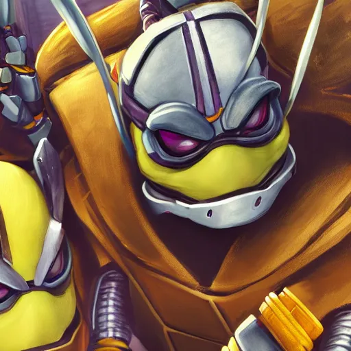 Prompt: closeup photograph of bee tmnt with themed armor, portrait, hyperdetailed, artstation, cgsociety, 8 k, by tangerine dream