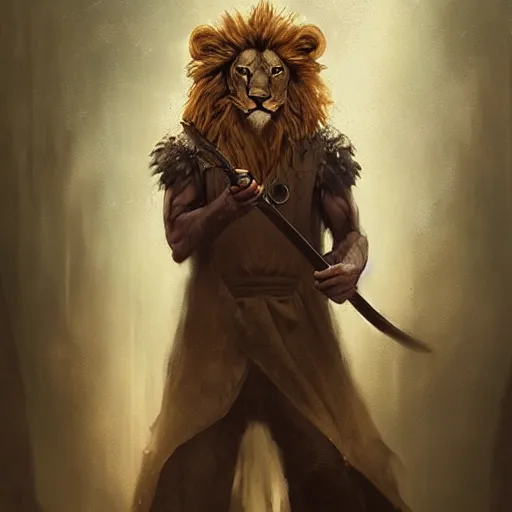 Prompt: an anthropomorphic half lion half human mage holding a wand,wizard,fantasy art,digital art,art by greg rutkowski,realiatic,photorealistic,hyperdetailed,detailed face,professional lighting,mysterious