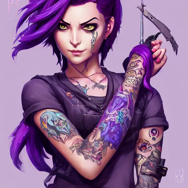 Image similar to beautiful female purple hair with dagger tattoo symmetrical face eyes full length fantasy art apex fortnite Video game icon, 2d game art gta5 cover , official fanart behance hd artstation by Jesper Ejsing, by RHADS, Makoto Shinkai and Lois van baarle, ilya kuvshinov, rossdraws