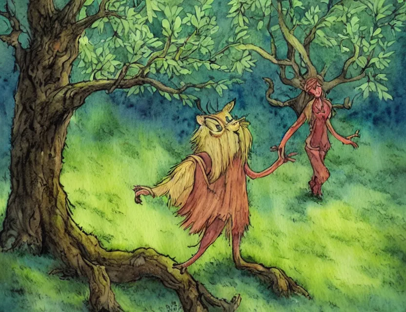 Image similar to lost forest spirit in an orchard. this watercolor painting by the award - winning comic artist has dramatic lighting, an interesting color scheme and great sense of depth.