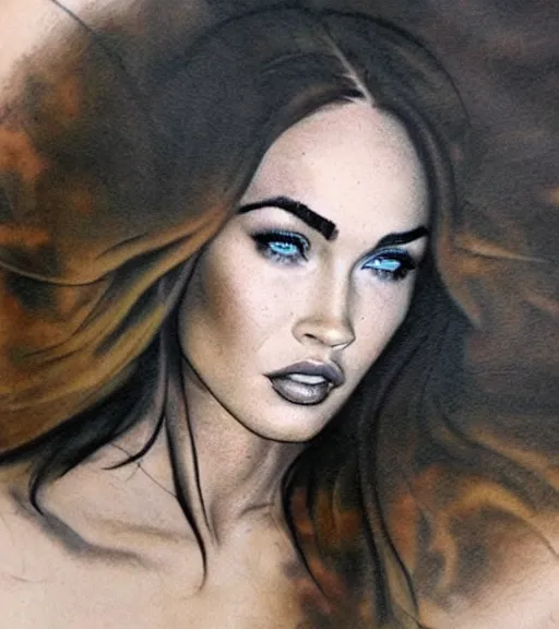 Image similar to megan fox face double exposure with beautiful mountains, realism tattoo sketch, in the style of matteo pasqualin, amazing detail, sharp, faded