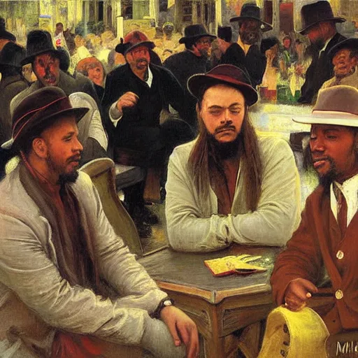 Prompt: painting of the reggae band ub 4 0 sitting outside a parisian cafe by emile friant