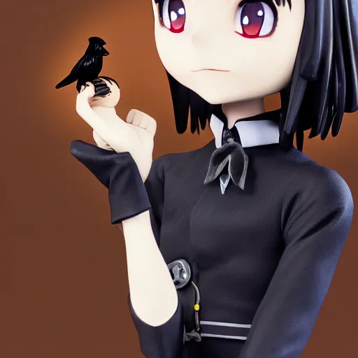 Image similar to Manga cover portrait of Wednesday Addams-chan anime girl sitting elegantly next to her pet crow in a noir Victorian setting, 3d render diorama by Hayao Miyazaki, official Studio Ghibli still, color graflex macro photograph, Pixiv, Daz Studio