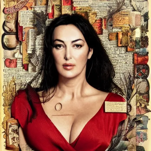 Image similar to a beautiful!!! portrait of Monica Bellucci, collage art of pages from alchemical grimoires, 8K, highly detailed, cryptic and mysterious, hypermaximalist, photorealistic