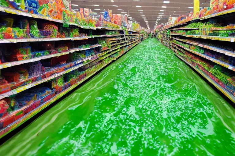 Image similar to rivers of green nickelodeon slime running down the aisles of walmart