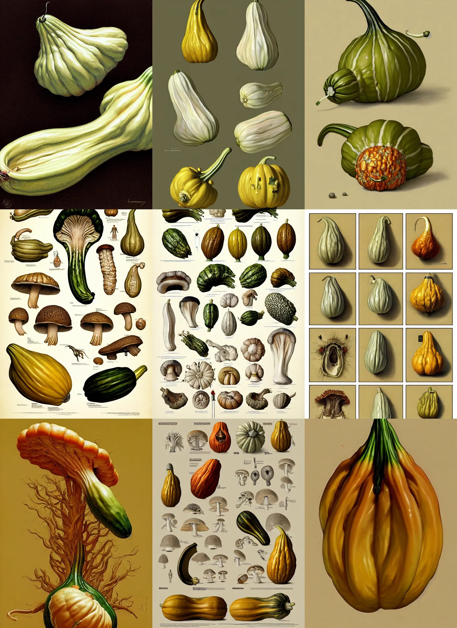 Prompt: fungus gourd anatomy sheet on white background, action pose, intricate, highly detailed, digital painting, artstation, concept art, smooth, sharp focus, illustration, art by norman rockwell emiliano ponzi andrey remnev yoann lossel aaron jasinski, 8 k