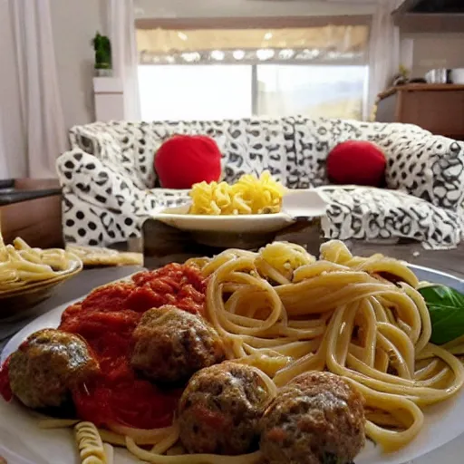 Image similar to pasta and meatballs shaped into a living room set