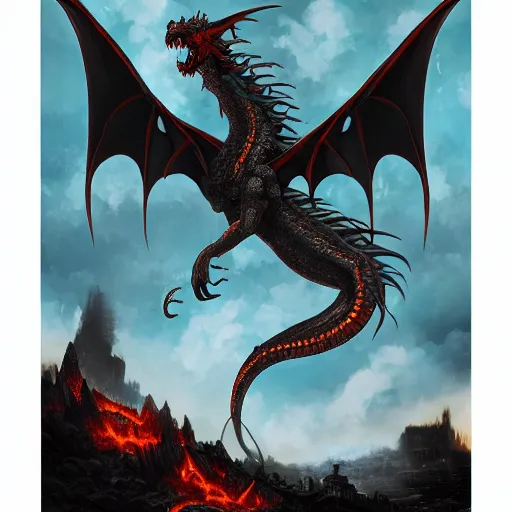 Prompt: horror dragon flying over a city, fire, lava, smoke, ethereal