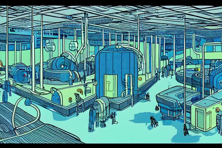 Prompt: a scifi illustration, factory interior. seen from above. vats of fluid. flat colors, limited palette in FANTASTIC PLANET La planète sauvage animation by René Laloux