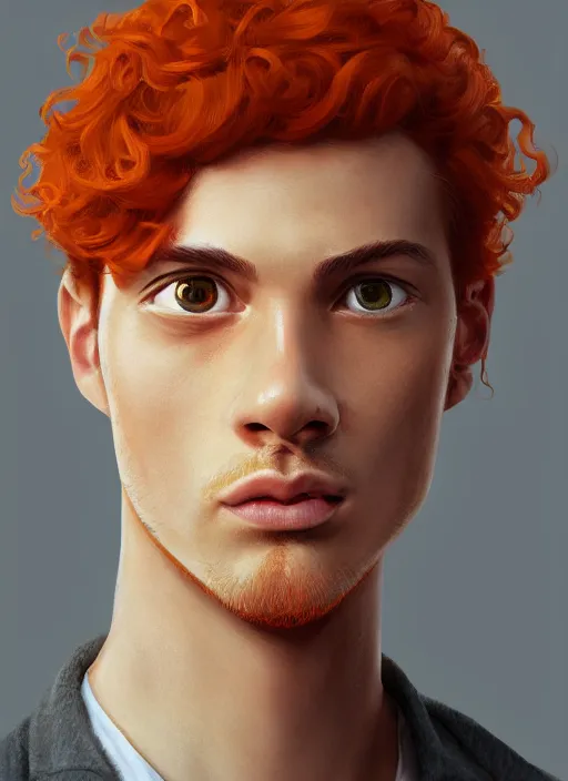 Image similar to illustration of short curly orange hair man as a self portrait, unreal engine 5, octane, smooth, reflects, masterpiece artwork, ultra detailed, artgerm, style by pixar 2 0 2 2, digital art, trending on artstation, behance, deviantart