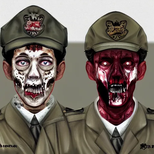 Prompt: zombie skin security officers beige uniform and caps trending on artstation high detail digital painting 4 k 8 k hd